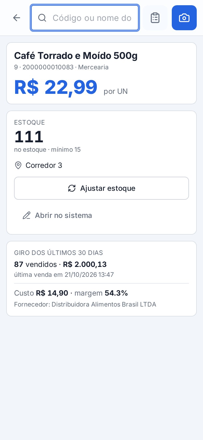 Consulta de produto no celular mostrando preço, estoque e giro dos últimos 30 dias